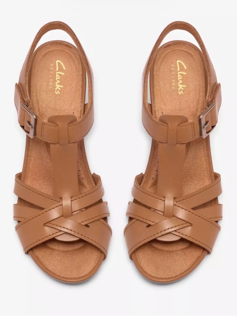 Clarks Brown Leather T-Strap Crossband Slingback Sandals